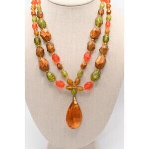 Vintage Japan Lucite Bead Necklace Gold Glass Teardrop Pendant Autumn